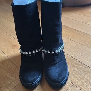 Casadei Black Heeled Boots with Pearl Accents